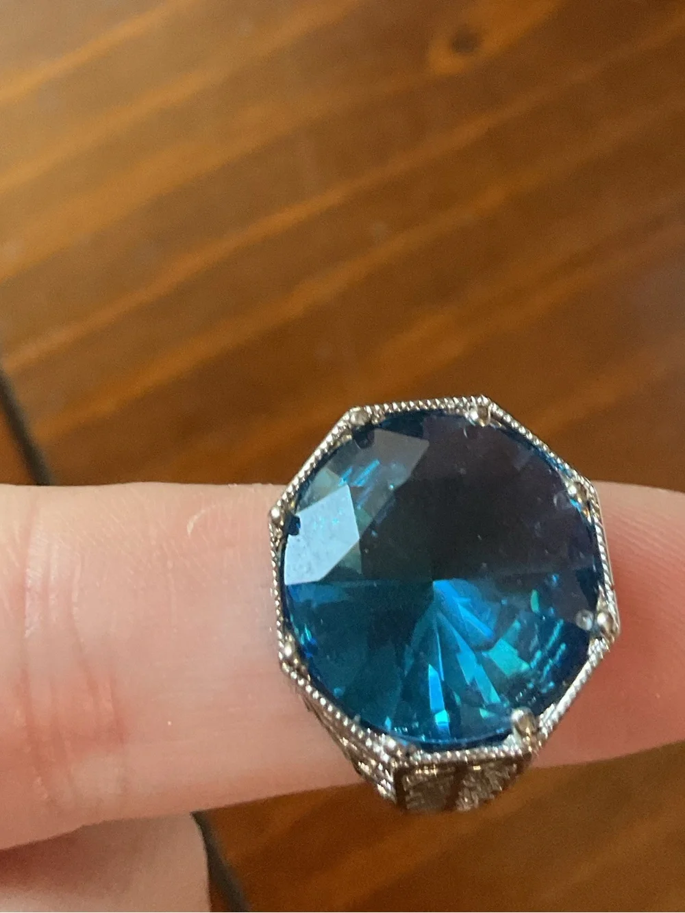 Art Deco Revival Sterling Silver Open Filigree Blue Crystal Ring Size 7